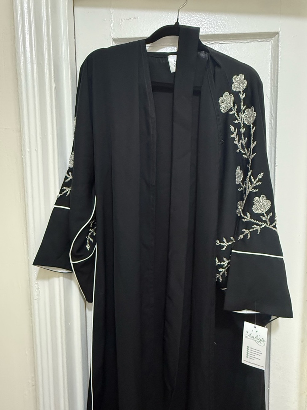 Black Embroidered Long Abaya with Silver Floral Detail - Brand: